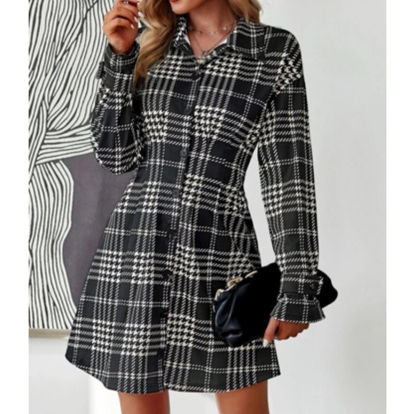 Classic houndstooth plaid button down shirt dress - Picture 9 of 16